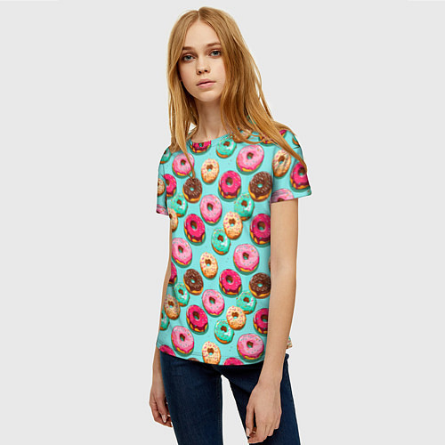 Женская футболка Разноцветные пончики паттерн / 3D-принт – фото 3
