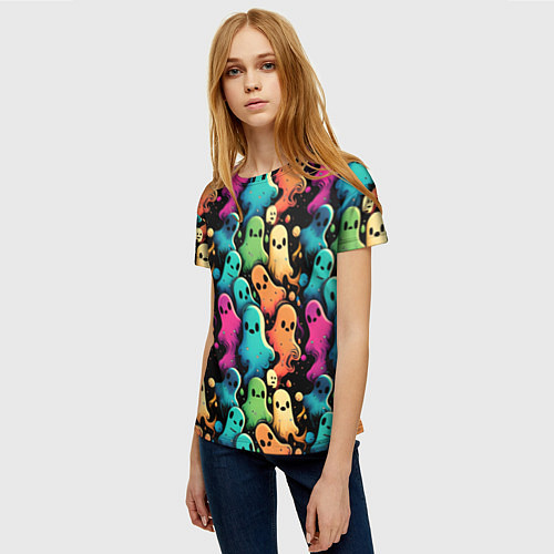 Женская футболка Паттерн с разноцветными приведениями / 3D-принт – фото 3