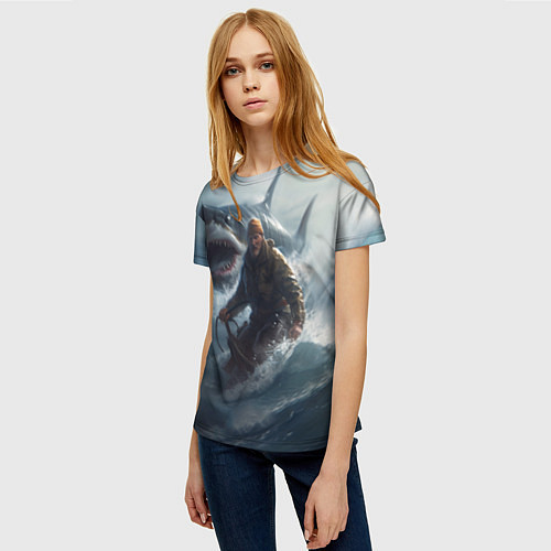 Женская футболка Мужчина уплывает от акулы на обломках лодки / 3D-принт – фото 3