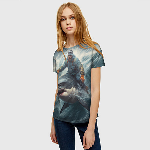 Женская футболка Мужчина верхом на акуле / 3D-принт – фото 3