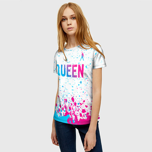 Женская футболка Queen neon gradient style: символ сверху / 3D-принт – фото 3