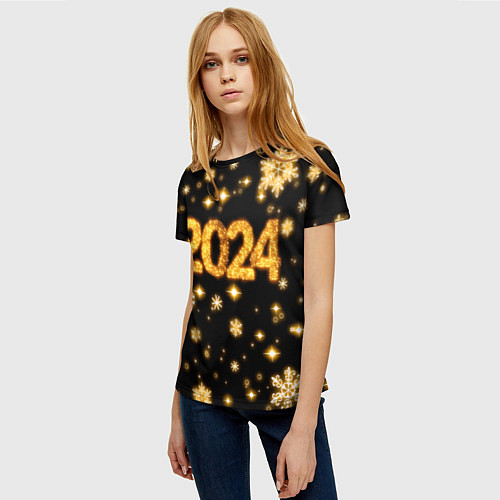 Женская футболка Новый 2024 год - золотые снежинки / 3D-принт – фото 3