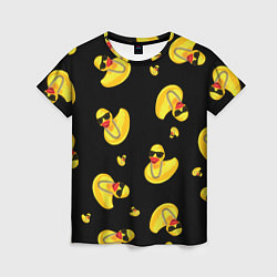 Женская футболка Жёлтая уточка в в темных очках и цепочке на черном