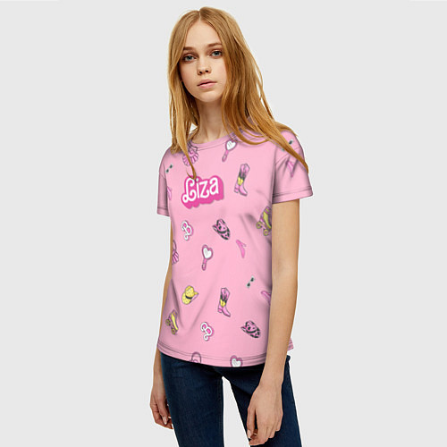 Женская футболка Лиза - в стиле барби: аксессуары на розовом паттер / 3D-принт – фото 3