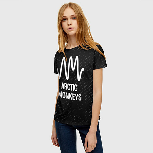 Женская футболка Arctic Monkeys glitch на темном фоне / 3D-принт – фото 3