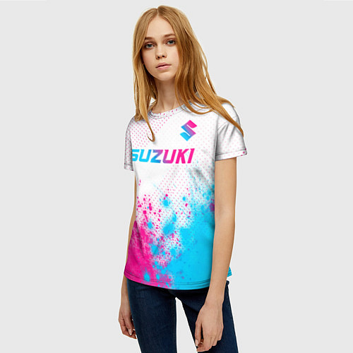 Женская футболка Suzuki neon gradient style: символ сверху / 3D-принт – фото 3