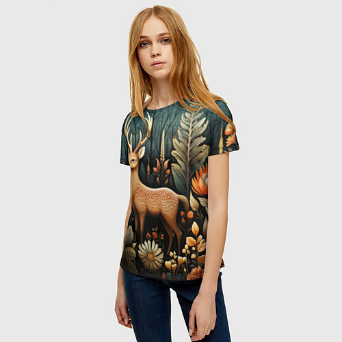 Женская футболка Лесной олень в стиле фолк-арт / 3D-принт – фото 3