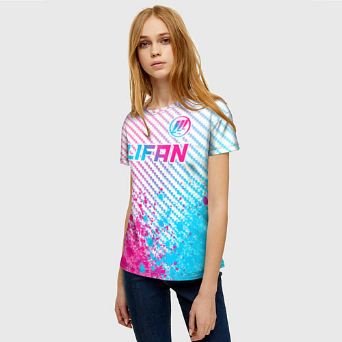 Женская футболка Lifan neon gradient style: символ сверху / 3D-принт – фото 3