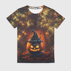 Футболка женская Хэллоуинская тыква в шляпе, цвет: 3D-принт