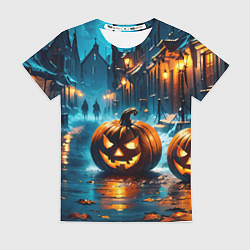 Футболка женская Темная ночная улица и жуткие тыквы, цвет: 3D-принт