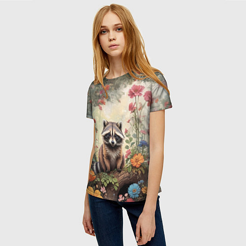 Женская футболка Милый енот в лесу / 3D-принт – фото 3