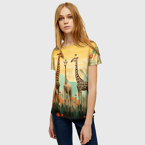Женская футболка Три жирафа в стиле фолк-арт / 3D-принт – фото 3