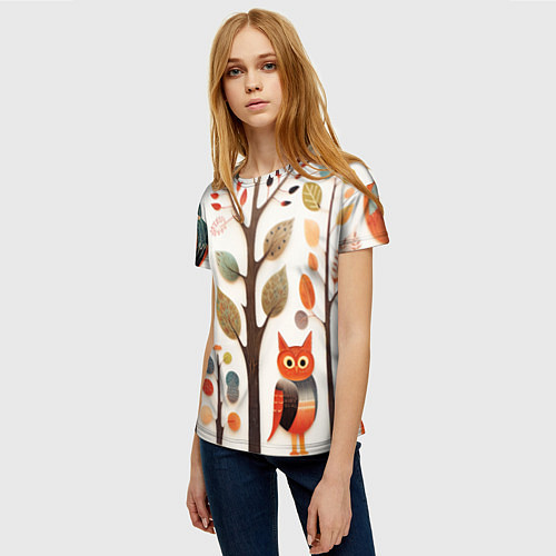 Женская футболка Совы в осеннем лесу в стиле фолк-арт / 3D-принт – фото 3