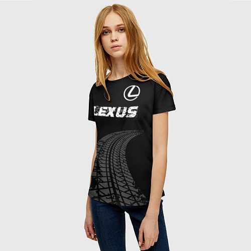 Женская футболка Lexus speed на темном фоне со следами шин: символ / 3D-принт – фото 3