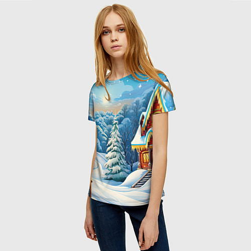 Женская футболка Зимний домик и елка / 3D-принт – фото 3