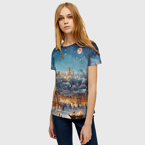 Женская футболка Ночной новогодний город / 3D-принт – фото 3