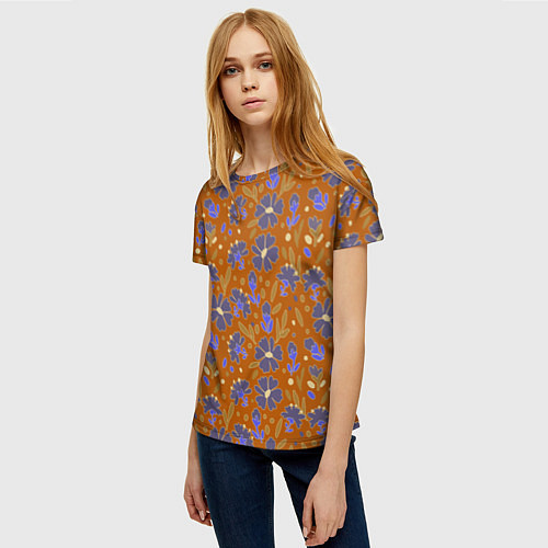 Женская футболка Цветы в поле коричневый цвет / 3D-принт – фото 3