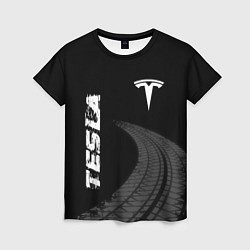 Футболка женская Tesla speed на темном фоне со следами шин вертикал, цвет: 3D-принт