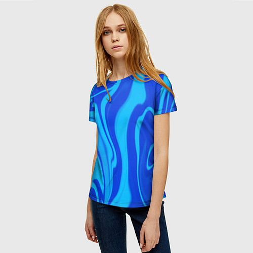 Женская футболка Абстракция разлитые краски сине-голубой / 3D-принт – фото 3
