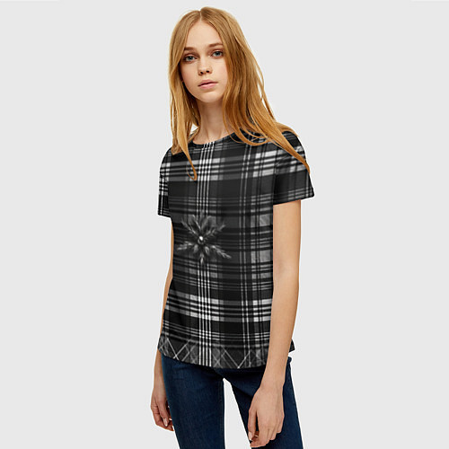 Женская футболка Черно-белая шотландская клетка / 3D-принт – фото 3