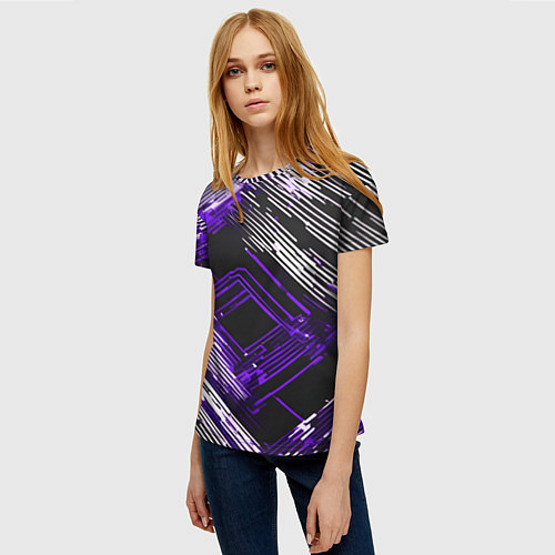 Женская футболка Киберпанк линии белые и фиолетовые / 3D-принт – фото 3