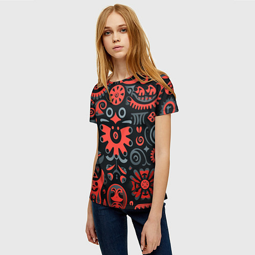Женская футболка Красно-черный узор в славянском стиле / 3D-принт – фото 3