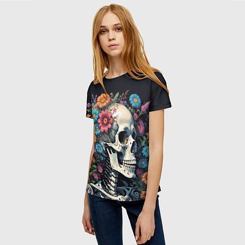 Женская футболка Улыбающийся скелет среди цветов / 3D-принт – фото 3