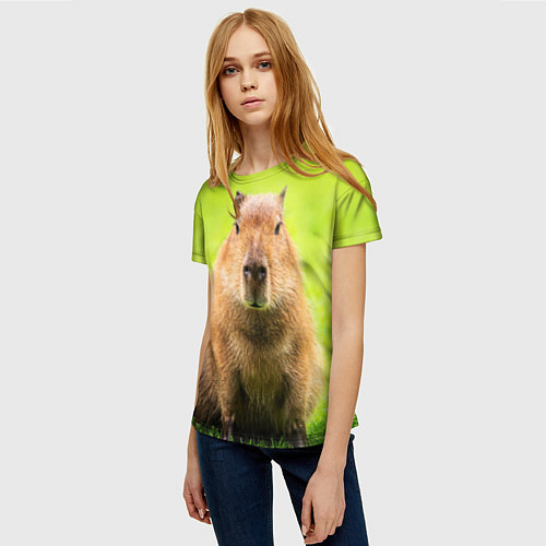 Женская футболка Capybara on green grass / 3D-принт – фото 3