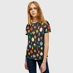 Футболка женская Новогодние ёлочные игрушки на черном фоне, цвет: 3D-принт — фото 2