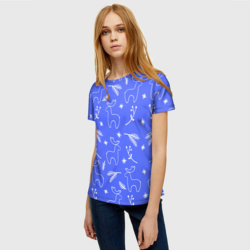 Женская футболка Синий рождественский принт с оленями / 3D-принт – фото 3
