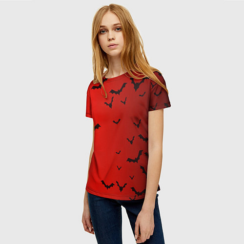 Женская футболка Летучие мыши на красном фоне / 3D-принт – фото 3