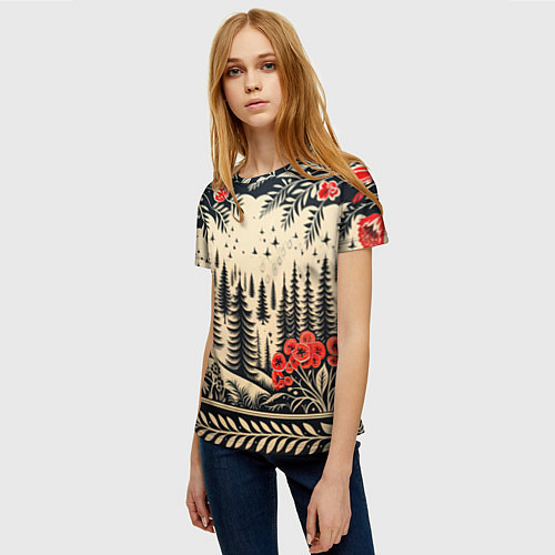 Женская футболка Новогодний лес с узорами / 3D-принт – фото 3