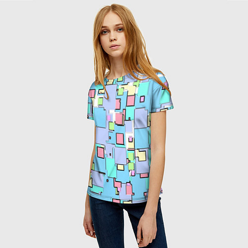 Женская футболка Абстракция розово-голубые квадраты / 3D-принт – фото 3