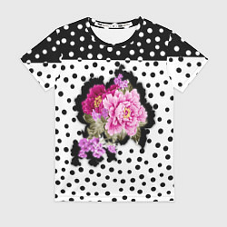 Женская футболка Пион на бело чёрном горохе