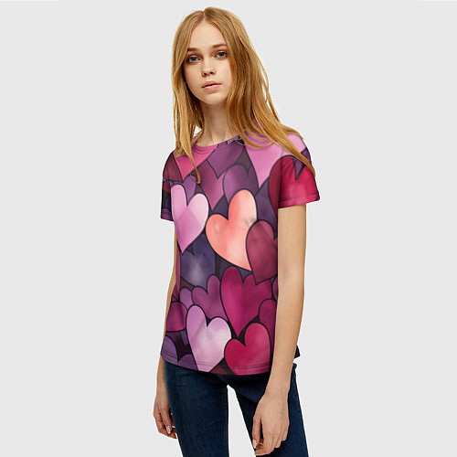 Женская футболка Много акварельных сердец / 3D-принт – фото 3