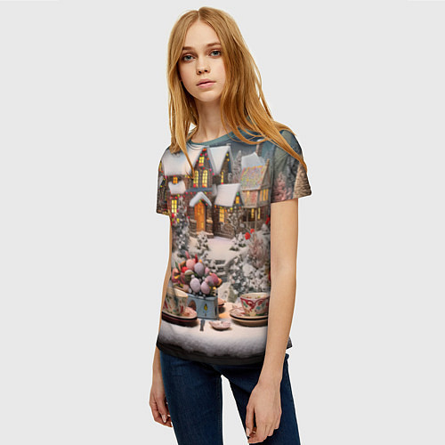 Женская футболка Объемные новогодние домики / 3D-принт – фото 3