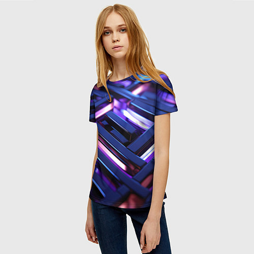 Женская футболка Фиолетовые неоновые конструкции / 3D-принт – фото 3