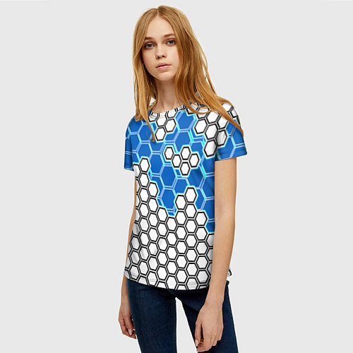 Женская футболка Синяя энерго-броня из шестиугольников / 3D-принт – фото 3