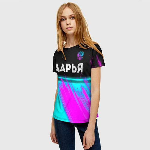 Женская футболка Дарья и неоновый герб России посередине / 3D-принт – фото 3