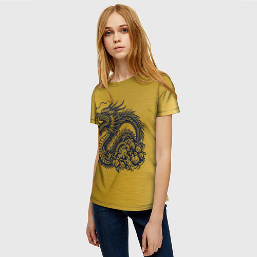 Женская футболка Дракон на золоте / 3D-принт – фото 3