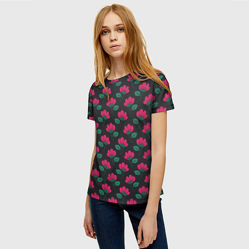 Женская футболка Темный паттерн с розовыми цветами / 3D-принт – фото 3