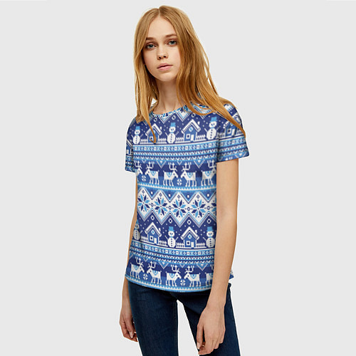 Женская футболка Вязанный зимний пейзаж с оленями / 3D-принт – фото 3
