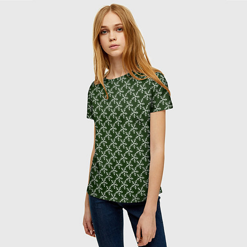 Женская футболка Паттерн снежинки тёмно-зелёный / 3D-принт – фото 3