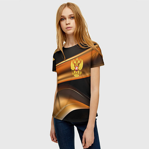 Женская футболка Герб России на черном золотом фоне / 3D-принт – фото 3