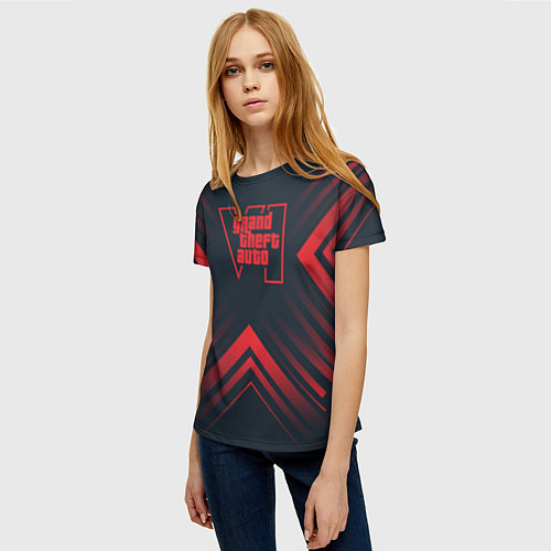 Женская футболка Красный символ GTA6 на темном фоне со стрелками / 3D-принт – фото 3