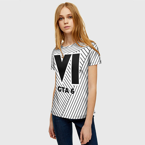 Женская футболка Символ GTA 6 на светлом фоне с полосами / 3D-принт – фото 3
