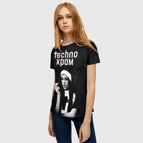 Женская футболка Techno храм монашка с сигаретой / 3D-принт – фото 3