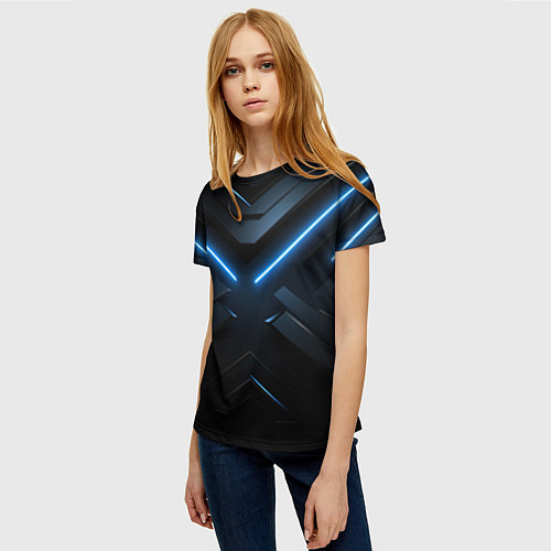 Женская футболка Синяя неоновая полоса на черном фоне / 3D-принт – фото 3