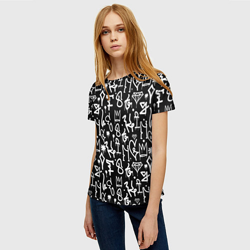 Женская футболка Черно белые каракули паттерном / 3D-принт – фото 3