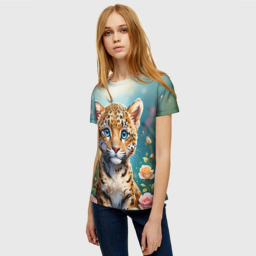 Женская футболка Портрет леопарда с розами / 3D-принт – фото 3